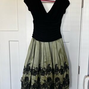 Black & Olive Floral Embroidered Party Dress